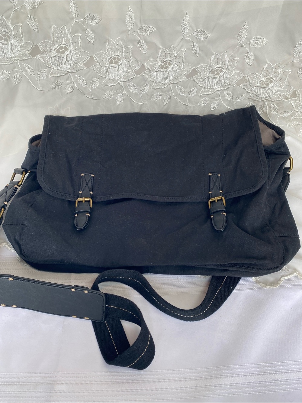 J. Crew Black Canvas Messenger with Buckle Detail